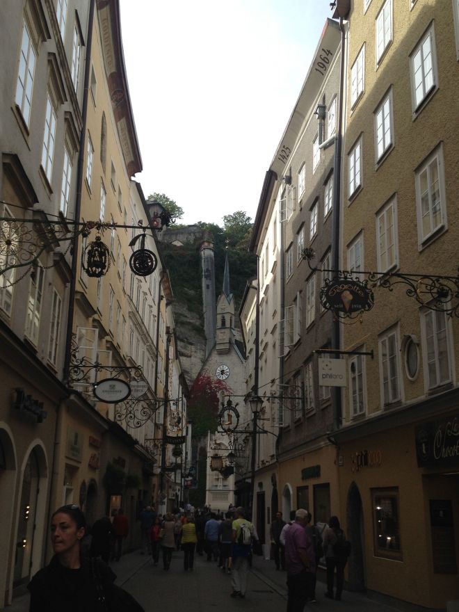 The back door of the hotel opens to a  small alley that leads to the Getreidegasse  alley, a famous shopping area. 